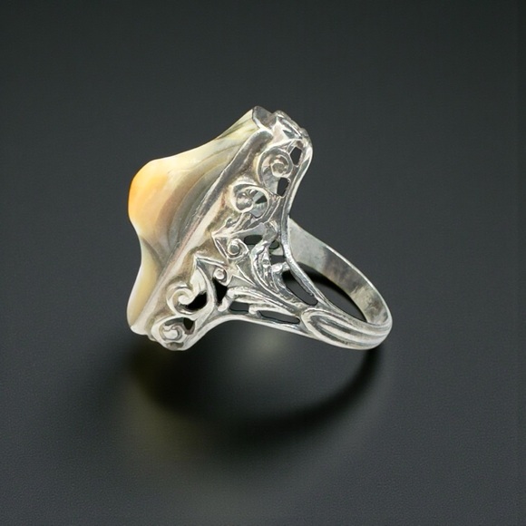 Vintage Art Deco Sterling Rectangular Abalone Blister Pearl Ring - Picture 9 of 14